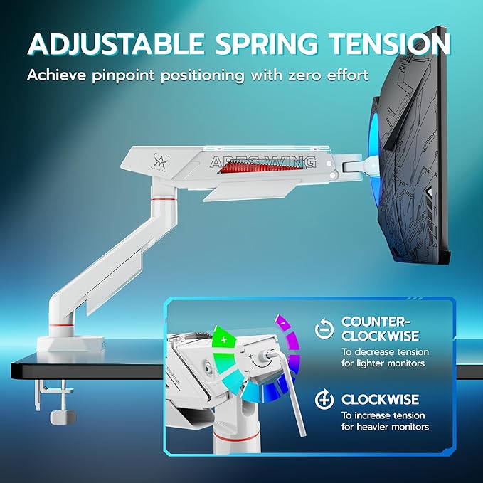 ARES WING Single Monitor Arm for 17-40 Inch Flat Curved Ultrawide Screens Up to 26.5lbs, Fully Adjustable Single Monitor Mount, C-Clamp & Grommet Base, 75/100 Vesa Mount, White