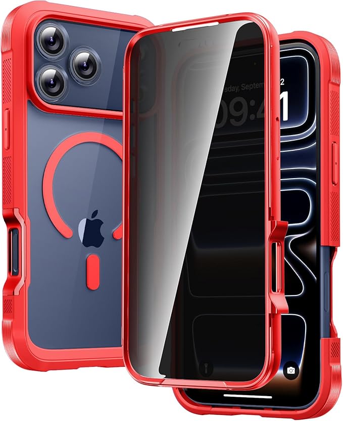 Diaclara Magnetic Designed for iPhone 17 Pro Case 6.3'' [Full Camera Protection] Full Body Bumper,[Compatible with MagSafe] Phone Case w/Built-in Privacy Screen Protector,Red