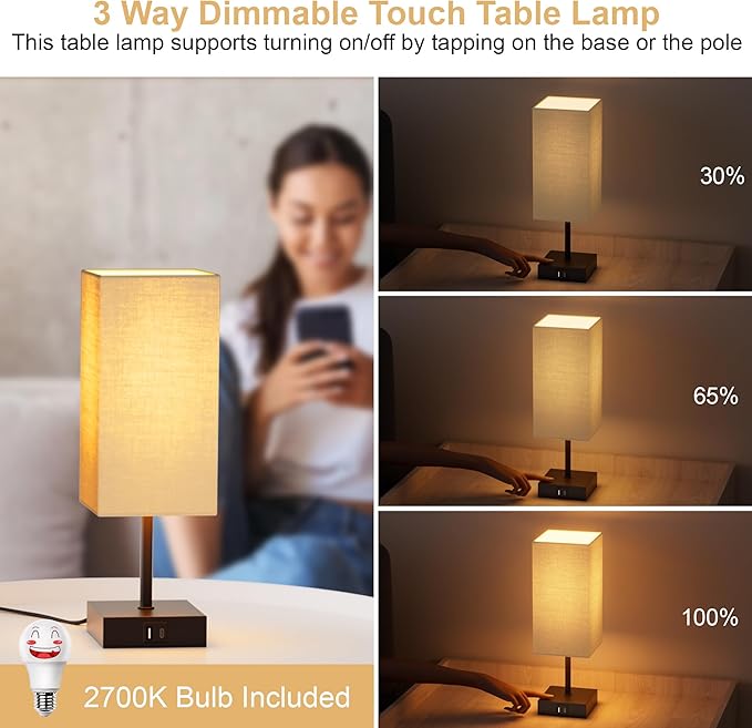 Bedside Lamps, Table Lamp with USB C+A Charging Ports, 3 Way Dimmable Touch Control, Small Nightstand Lamps for Bedroom, Home Decor, Living Room, LED Bulbs Included, Upgraded Beige
