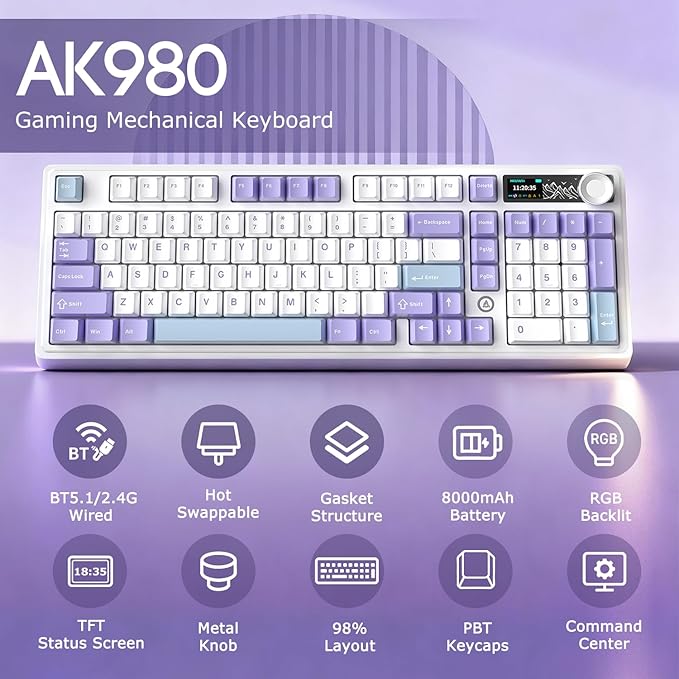 AK980 97Keys Tri-Mode Full Mechanical Keyboard, Gasket-Mounted, Hot-Swappable, 1.14” TFT Smart Display, Bluetooth 5.1/2.4G Wireless/Wired, PBT Keycaps RGB Backlit (Purple, Qingyun Tactile Switch)