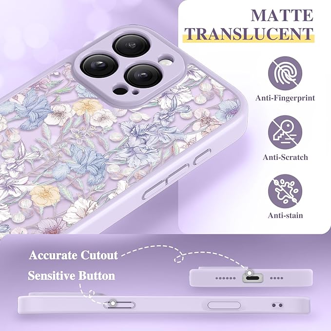 GVIEWIN for iPhone 16 Pro Case Compatible with MagSafe, [Military Grade Protection] [Screen Protector] Full Camera Protection Floral Translucent Women Magnetic Phone Case, Apricot Blossom/Purple