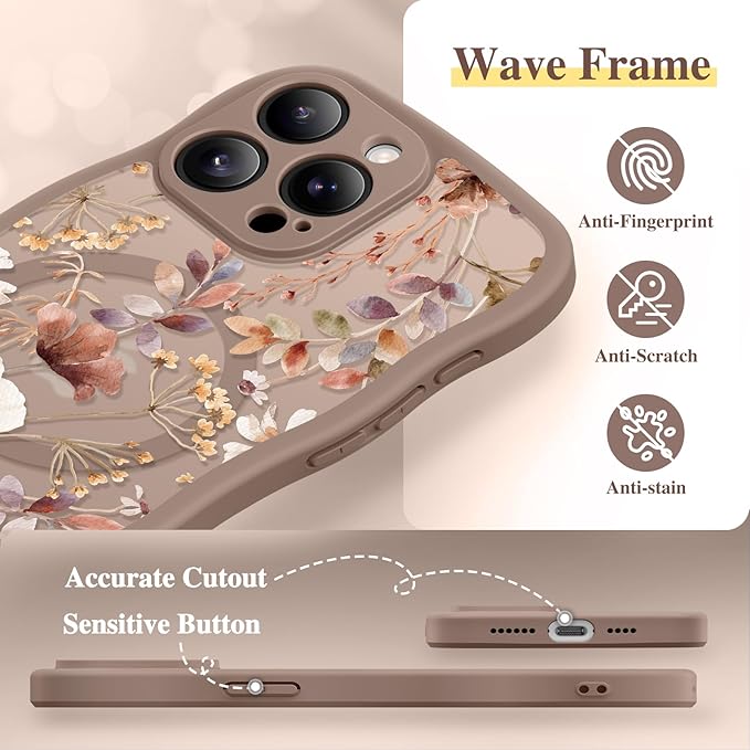 GVIEWIN for iPhone 15 Pro Max Case Compatible with MagSafe [Curly Wave Edge][Full Camera Protection] Floral Translucent Shockproof Magnetic Women Phone Case for 15 Pro Max 6.7'', Corn Poppy/Brown