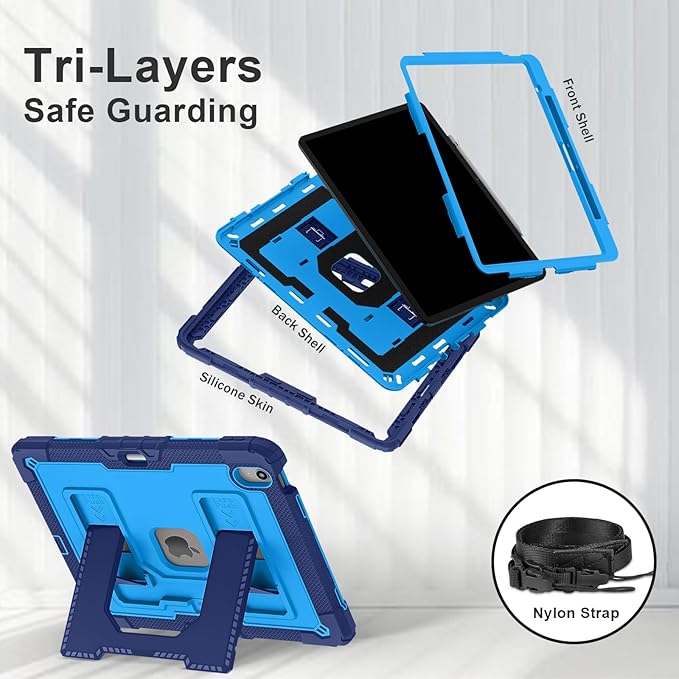 Kids Friendly Case for iPad Air 13 Inch M4 M3 M2 2026/2025/2024 Case with Pencil Holder & Shoulder Strap, Military Grade Shockproof Kickstand Hard Shell Protective Cover,Blue