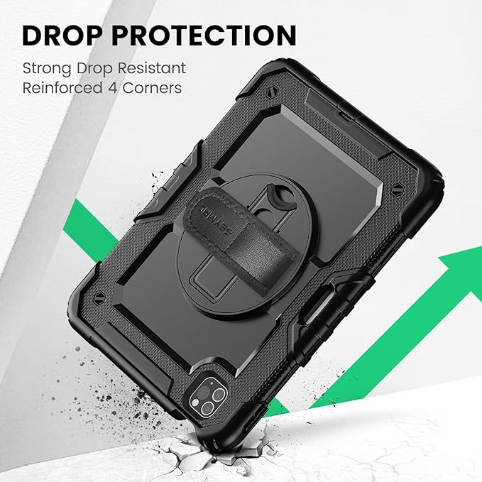 SEYMAC Case for iPad Pro 11 Case 4th/ 3rd/ 2nd/ 1st Gen (2022/2021/2020/2018), Full-Body Shockproof Protective Case with Screen Protector, 360° Rotating Stand and Hand/Shoulder Strap, Black