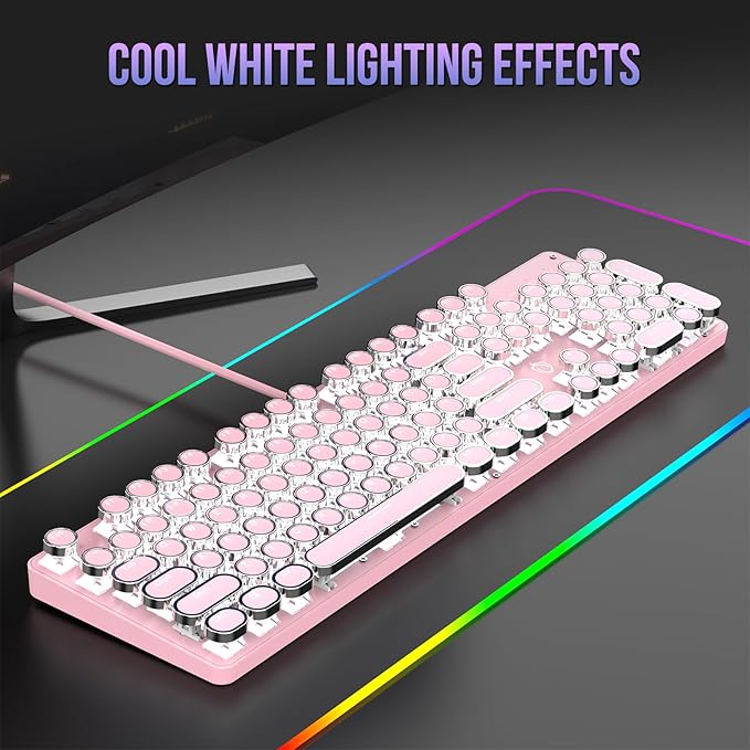 Typewriter Mechanical Gaming Keyboard with RGB Backlit Red Switches, 104 Keys Retro Round Keycap, Wired Typewriter Style Comfortable Typing Soud (Pink)