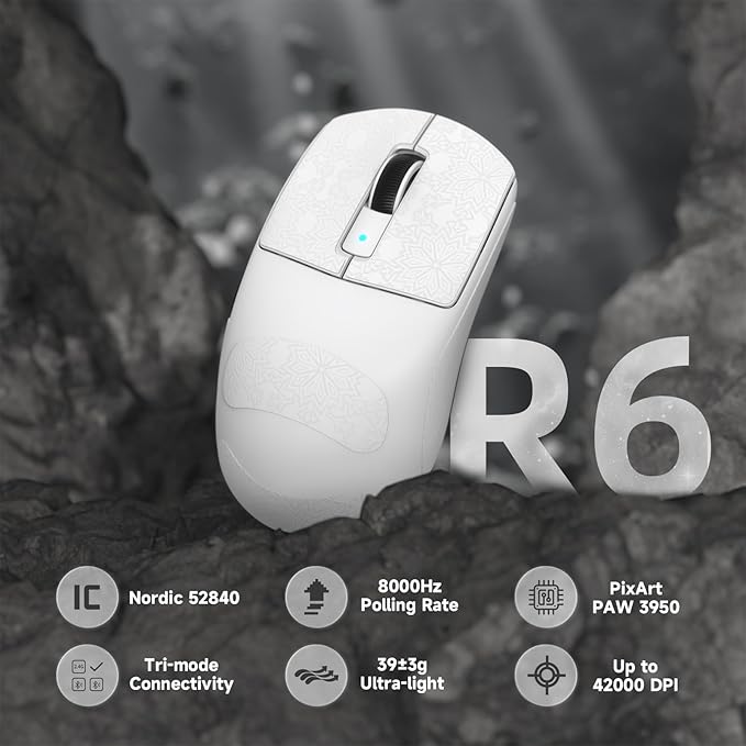 ATTACK SHARK R6 39g Superlight Wireless Gaming Mouse,PixArt PAW3950MAX 42000 DPI,MCU Nodic 52840 Computer Mouse,8K Polling Rate Web Driver,BT/2.4Ghz/Wired Tri-Mode Mice with Coiled Cable-White&Tape