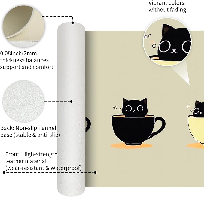 Bloss Leather Mouse Pad,Beige Anime Large Desk Pad, Cute Kawaii Cartoon Cat Desk Mats for Keyboard and Mouse,Clearance Overstock Limited Stock Discontinued Size 31.5" x 15.7"