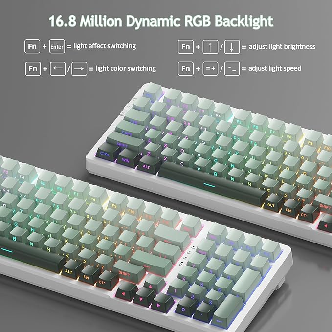 MageGee LIGHT100 Wireless Creamy Keyboard, Gasket Structure Hot Swappable, 2.4G/USB-C/BT5.0 RGB Backlit Mechanical Gaming Keyboard for Win/Mac/PC, 8000mAh Battery, Side Printed PBT Keycap, Green