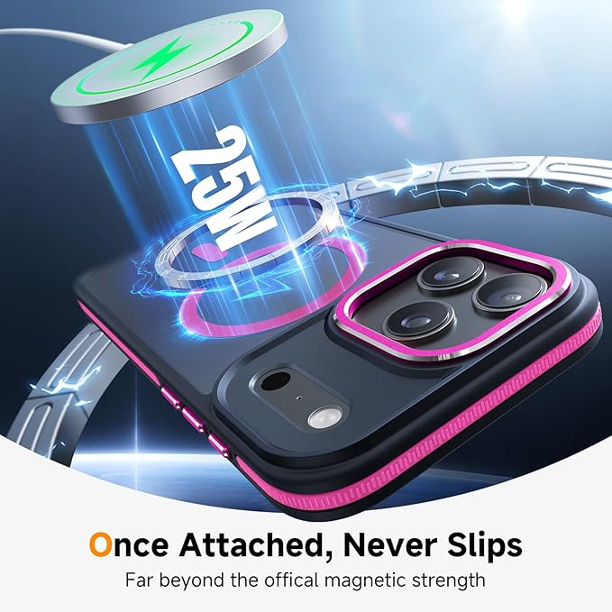 Magnetic 3 in 1 for iPhone 17 Pro Max Case, [Omni-Directional Protection] with 1x Screen Protector + 1x Camera Cover, [Seamless Work with Magsafe] Protective Silm Case for iPhone 17 Pro Max Hot Pink
