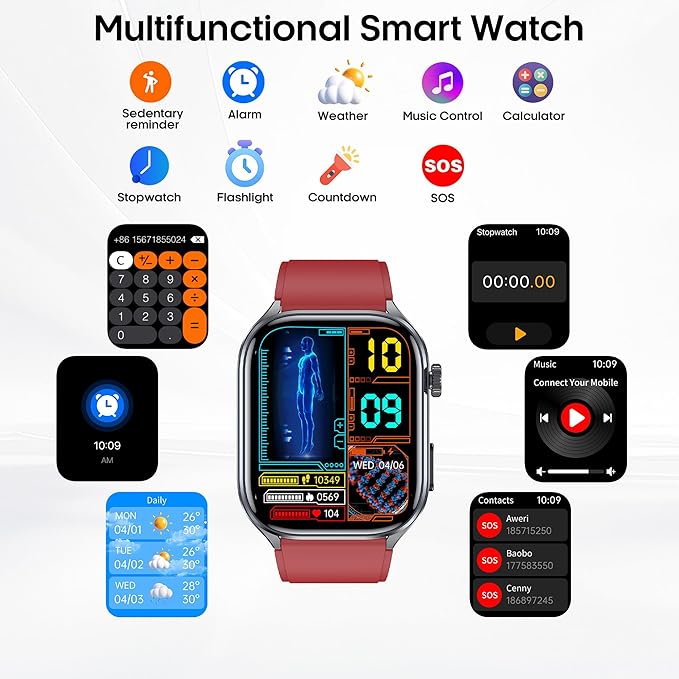 Advanced Health Smartwatch for Women Men with Real-Time Monitoring of Heart Rate, Sleep Quality and Stress Levels, Always-On Display，Bright Flashlight (Red)