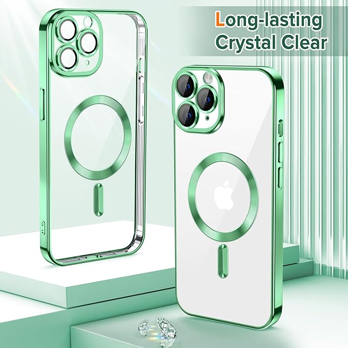 Hython Magnetic Clear for iPhone 11 Pro Case with Camera Lens Protector [Compatible with MagSafe] Luxury Plating Edge Slim Soft TPU Cover Protective Phone Case for iPhone 11 Pro 5.8", Light Green