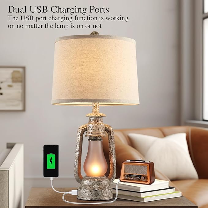 Farmhouse Rustic Table Lamps for Living Room Set of 2,Vintage Lantern Table Lamp with Dual USB Ports, 25" Tall Retro Bedside Lamp for Bedroom Nightstand, 4 Bulb Included (Iron Gray)