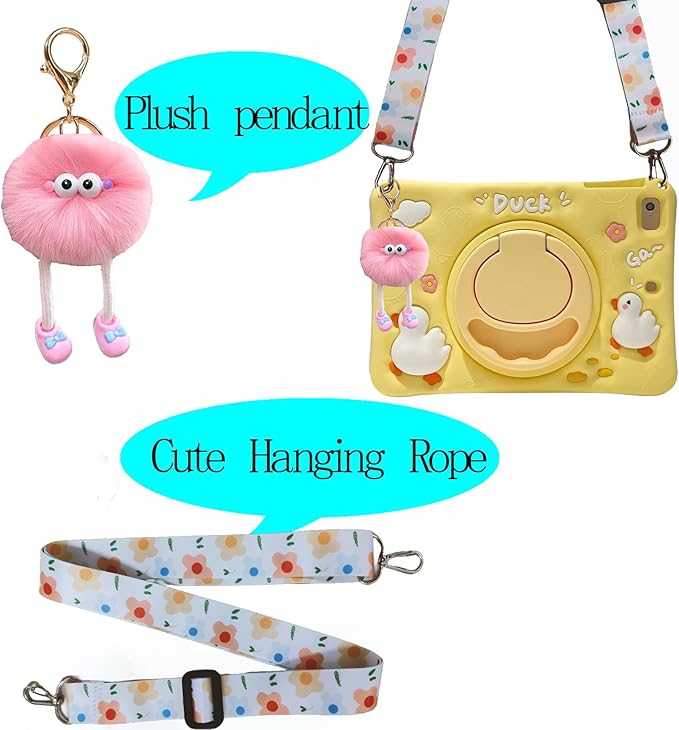 3D Cute Press Duck Case for iPad Air 1st 2nd/iPad Pro 2016/iPad 5th 6th 9.7 inch,Kawaii Cartoon Character Duck Soft Silicone Rotating Stand Case with Lanyard for Kids Teens Girls Women