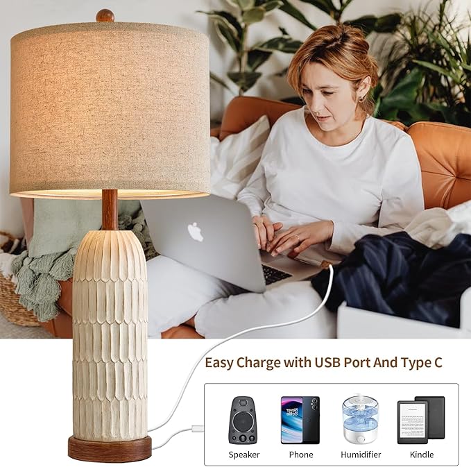 OYEARS 26.5" Bedside Table Lamps Set of 2, Farmhouse Table Lamp with USB A+C Charging Ports,Vintage Nightstand Lamp for Bedrooms and Living Rooms, Retro Resin End Table Lamp with Linen Shade, Brown