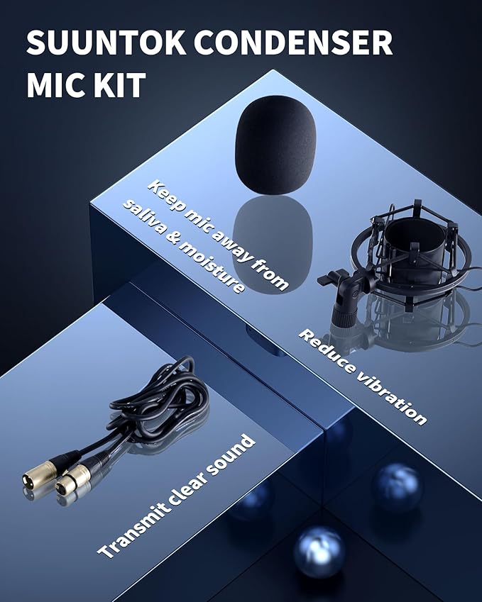 SUUNTOK XLR Condenser Microphone Recording Microphone for PC Computer Home Studio Cardioid Podcast Mic Kit for Streaming, ASMR, YouTube, Voice-Over, Gaming, Vocal (Black)