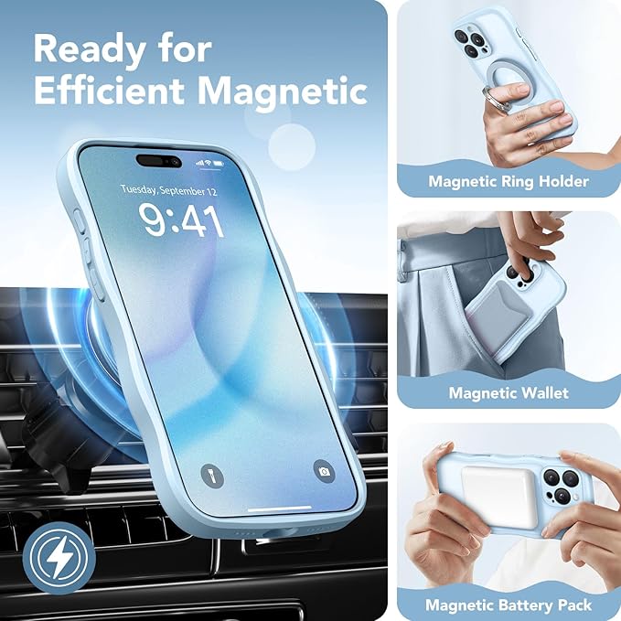 CAPRARO for iPhone 16 Pro Case for Women Girls, Upgraded [Full Camera Protection] [Compatible with MagSafe] Cute Wave Translucent Matte Phone Case for iPhone 16 Pro, Light Blue