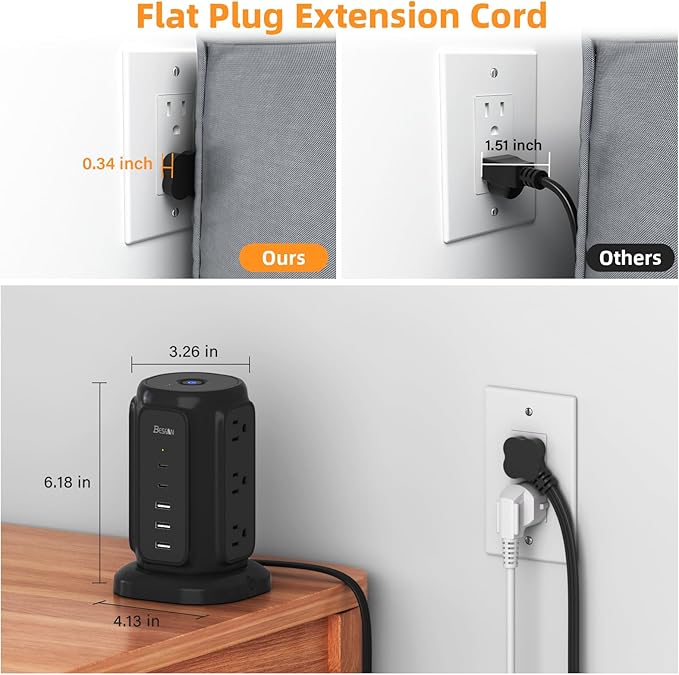 Ultra Slim Flat Plug Power Strip - 6.5ft Ultra Thin Extension Cord with 9 Outlets and 5 USB Ports (2 USB C), 1200J Surge Protector, 45° Angled Flat Plug, Dorm & Home Office Essentials