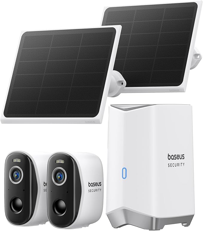 Baseus Solar Security Cameras Wireless Outdoor, N1 2-Cam Kit with Solar Panel 3W, 2K Color Night Vision Camera for Home Security, Solar-Powered, IP67, No Monthly Fee, 16TB Expandable Local Storage