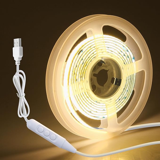 Aclorol 5V USB COB LED Strip Light 4.92FT 480LEDs Flexible TV Backlights Warm White 3000K Dimmable LED Light Strip with Self-Adhesive for Bedroom Closet Under Cabinet Monitor Desk Home Decor 8mm Width