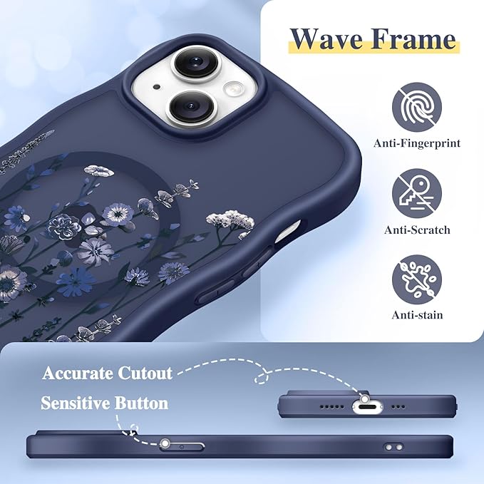 GVIEWIN Cute for iPhone 14 Case & iPhone 13 Case [Compatible with MagSafe] [Curly Wave Edge] Floral Translucent Magnetic Shockproof Protective Phone Cover for iPhone 14/13 6.1'', Floratopia/Blue