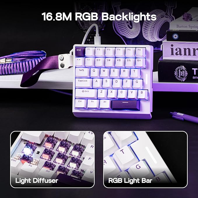 EPOMAKER HE30 One-Handed Hall Effect Keyboard, 8K Polling & 0.125ms, SOCD & Snap Key, Adjustable Trigger, PBT Keycap, RGB, Custom Software, Wired Gaming Keyboard for PC/Gamer (White Purple)