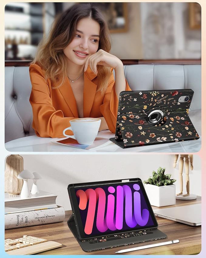 Kidcube for iPad mini 7 Case A17 Pro 2024, for iPad mini 6th Generation Case 8.3 Inch - Women Girls Cute Rotating Stand Folio Cover with Pencil Holder & Card Slot Girly Flowers Floral Unique Cover