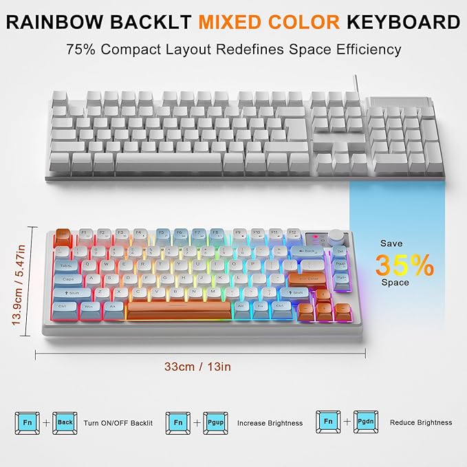 BlueFinger 75% Wireless Gaming Keyboard and Mouse with Smart Display, Rechargeable Light Up Wireless Keyboard with Knob Control, RGB Backlit Gaming Mouse for Mac Laptop Computer PC Gamer