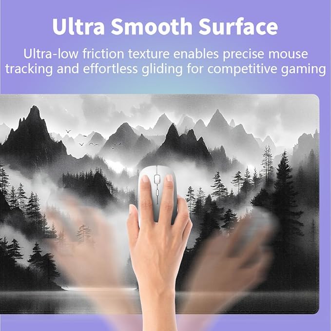 Large Gaming Mouse Pad (31.5" x 15.8") - Foggy Forest Misty Mountain Landscape Painting Black and White Wonderland, Extra XXL Extended Office Accessories, Premium Stitched Anti-Slip Desk Mat