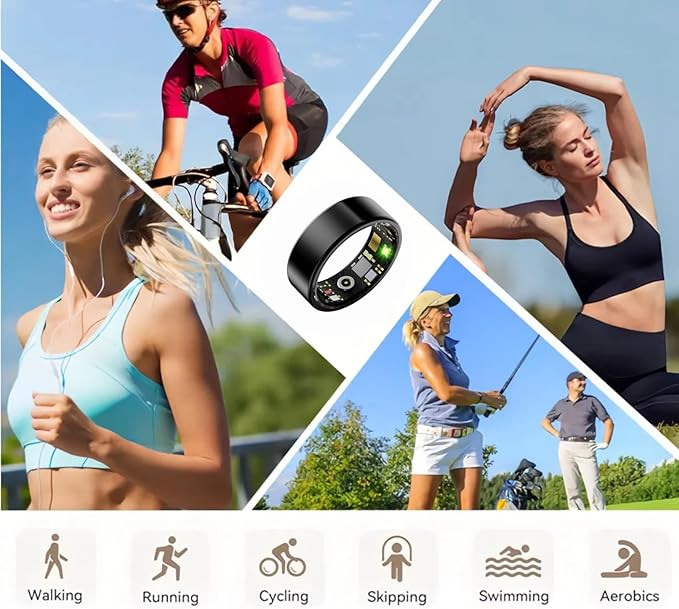 Smart Health Ring, Fitness Tracker with Heart Rate, Blood Oxygen, Blood Pressure, Sleep & Step Monitoring, Waterproof, Compatible with iOS & Android, No Subscription Required (Black, 7)