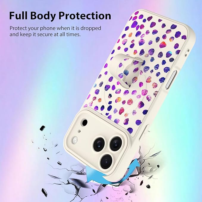KANGHAR Compatible with iPhone 17 Pro Case, Support for MagSafe, Silicone Cute Iridescent Pattern Leopard Print Cheetah, Wristband Kickstand Shockproof Soft Slim Cover for Girls Women, White
