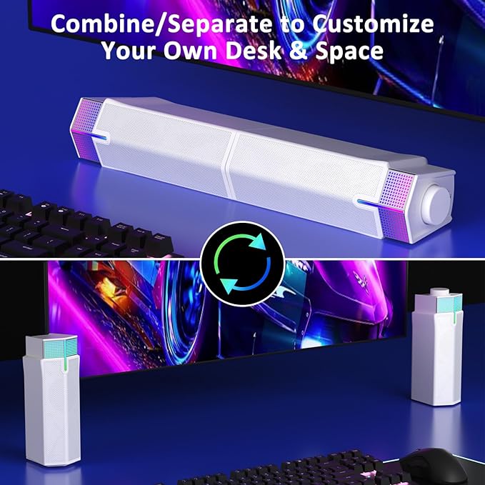 Jeecoo M20 Bluetooth Computer Speakers for PC Desktop Monitor, Gaming PC Sound Bar - Wired USB-Powered, Superb Stereo Sound, with LED Lighting (White)