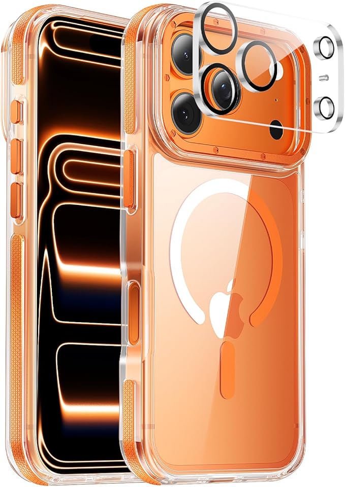 Strong Magnetic for iPhone 17 Pro case with camera lens protector [10Ft Military-Grade Protection] Compatible with fit MagSafe Shockproof Slim Thin Cover case for iPhone 17 Pro 6.3 inch, Clear Orange