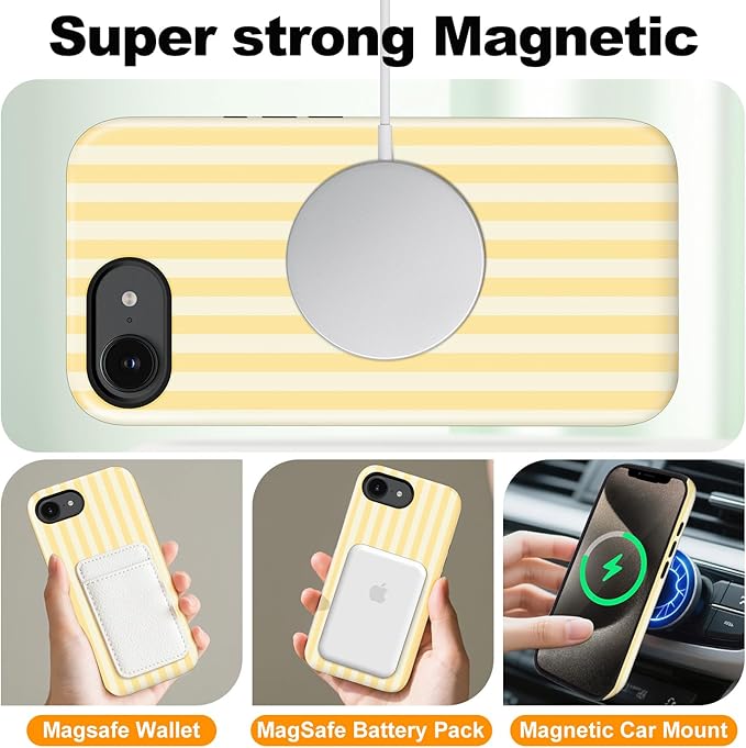 Magnetic for iPhone 16e Case Cute Stripes Phone Case, Shockproof Slim TPU and Hard PC Protective Phone Cover Compatible with MagSafe Designed for Women Girls, Yellow