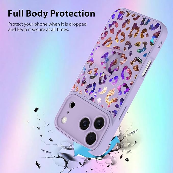 KANGHAR Compatible with iPhone 17 Pro Case, Support for MagSafe, Silicone Cute Iridescent Leopard Cheetah Pattern, Wristband Kickstand Shockproof Protective Slim Cover for Women Girls, Purple