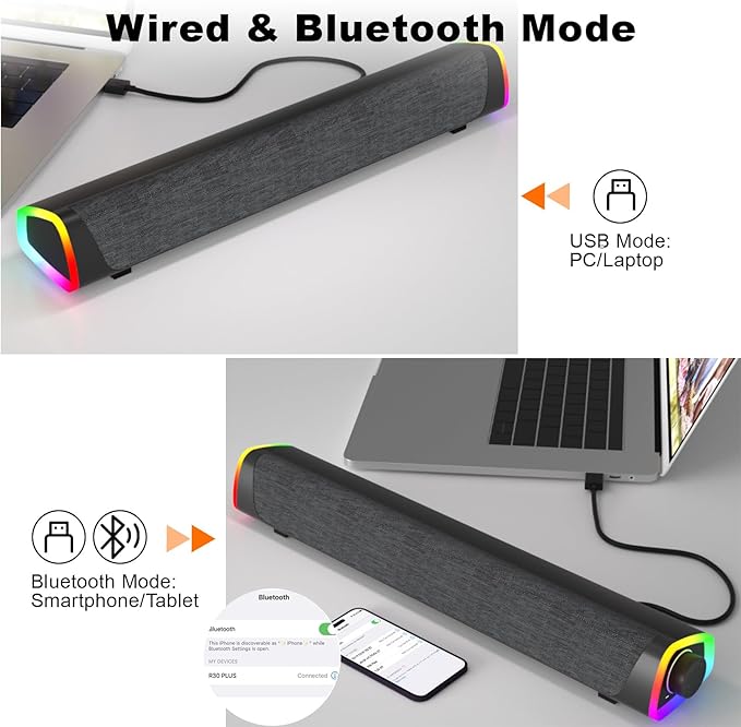 SOULION R30 Plus Bluetooth Computer Speakers, All-in-One Control Button with 6 Modes LED Lights PC Speaker, Wired USB Powered Surround Soundbar for Desktop Monitor Laptop Gray