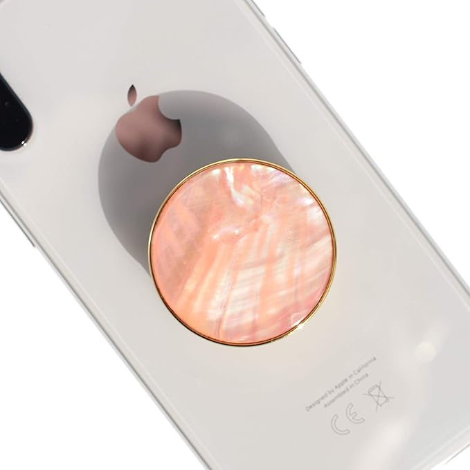 On The Grip Universal Phone Grip & Stand, Genuine Natural Gemstone/Seashell, Strong Adhesive Finger Holder, Collapsible Socket for iPhone, Samsung Galaxy, Kindle and Tablets (Peach)