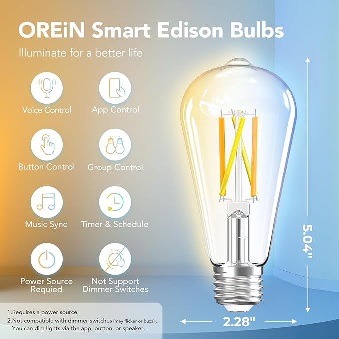 OREiN Smart Edison Light Bulbs with Smart Button, WiFi ST19(58) Vintage Light Bulbs E26 Base, 800lm Dimmable 2700K-6500K Tunable White, Smart Filament Bulb That Work with Alexa, 60W Equivalent, 6Pack