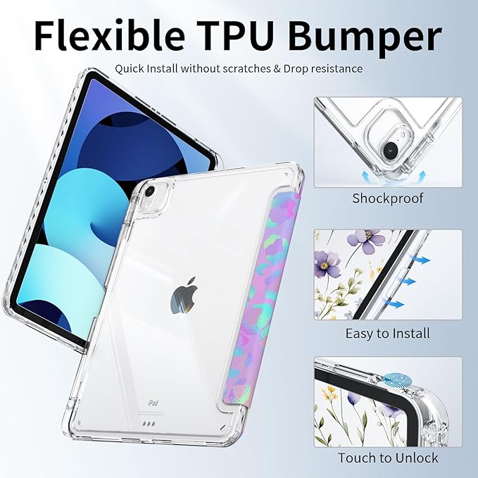 Trifold Case for iPad air 11 inch (M4 2026, M3 2025, M2 2024), iPad air 5th/4th Generation Case 10.9" 2022/2020, Shockproof Clear Back Cover with Pencil Holder, Leopard Composition Book