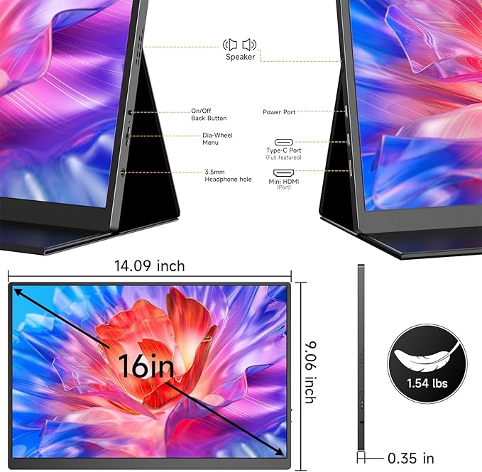 AYY 16" 2.5K 120Hz Portable Monitor, 2560x1600 HDR IPS Display, QHD 100% sRGB, USB-C & HDMI, Eye Care External Second Screen, for Laptop/PC/Phone/PS4/5/Xbox/Switch