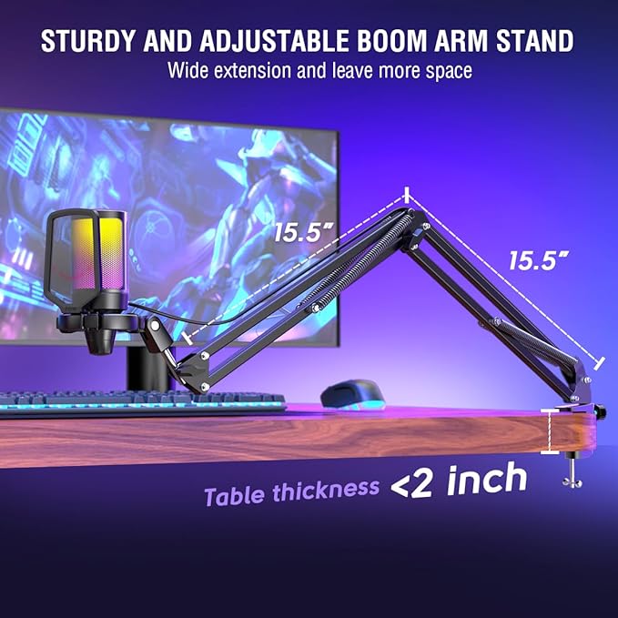 FIFINE Gaming USB Microphone Bundle with Mic Boom Arm, Condenser Mic with Quick Mute, RGB Light for Streaming, Suspension Scissor Arm Stand Kit for Recording Voice-Over Studio (A6V+CS1)
