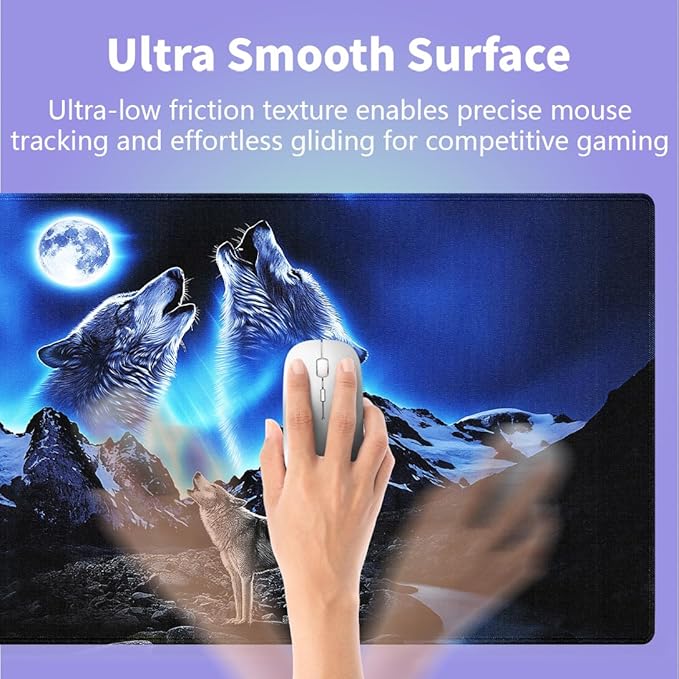 Large Gaming Mouse Pad (31.5" x 15.8") - Wolves Howling at The Moon Grey Wolf Bright Moonlight Great Snowy Mountain, Extra XXL Extended Office Accessories, Premium Stitched Anti-Slip Desk Mat