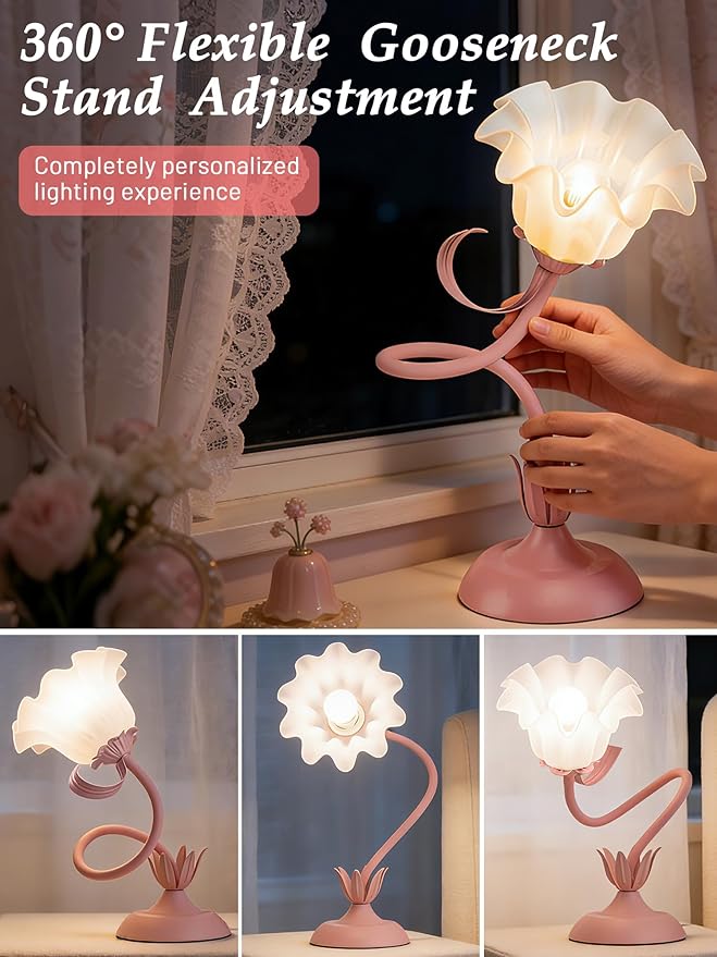Mothers Day Gifts, Flower Table Lamp, LED Reading Light Vintage Bedside Lamps, 3 Color Modes Kawaii Nightstand Lamp, Flower Table Lamps for Bedroom Living Room Home Decoration(Pink lamp)
