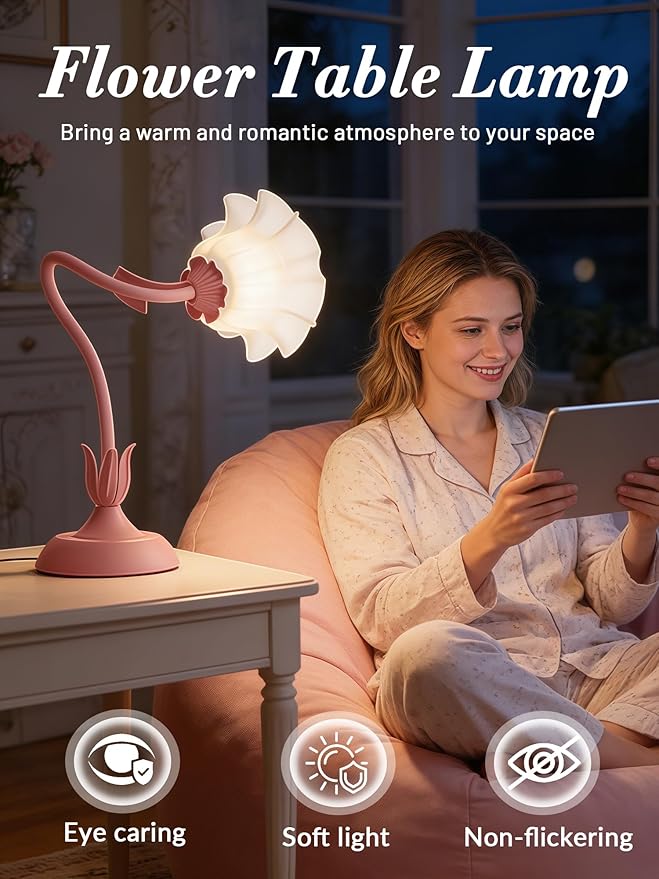 Mothers Day Gifts, Flower Table Lamp, LED Reading Light Vintage Bedside Lamps, 3 Color Modes Kawaii Nightstand Lamp, Flower Table Lamps for Bedroom Living Room Home Decoration(Pink lamp)