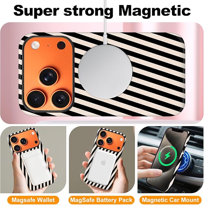 Magnetic for iPhone 17 Pro Case Cute Diagonal Stripes Phone Case, Shockproof Slim TPU and Hard PC Protective Phone Cover Compatible with MagSafe Designed for Women Girls,Black and White
