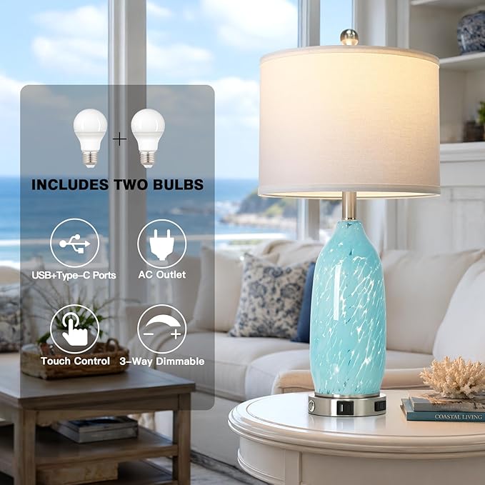 Rinweey 26" Bule Glass Table Lamps Set of 2,Nautical lamp with USB A+C Ports & AC Outlet,Coastal Bedside Lamps with 3-Way Dimmable Touch Control Night Light for Bedroom Living Room,Sky Blue