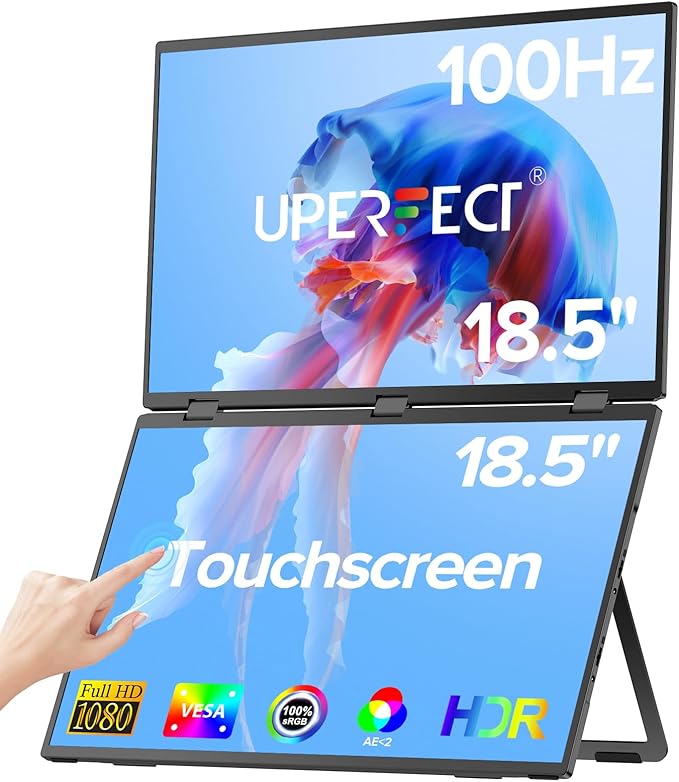 UPERFECT Delta 18.5" 100Hz Touchscreen Dual Portable Monitor, Laptop Screen Extender Stacked Triple Folding Monitor with Stand & VESA for Laptop PC Phone Game Console (No Driver Needed)