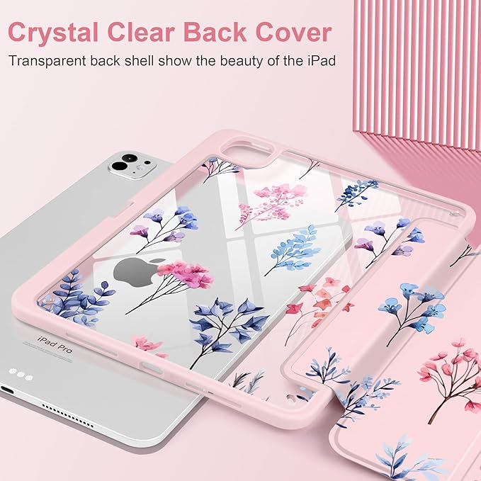 Case for iPad Pro 11 inch (M5) 2025 (M4) 2024 Release Slim Lightweight Cute Light Pink Cover with Clear Back TPU Edge Pencil Holder Trifold Stand, Hand-Drawn Florals