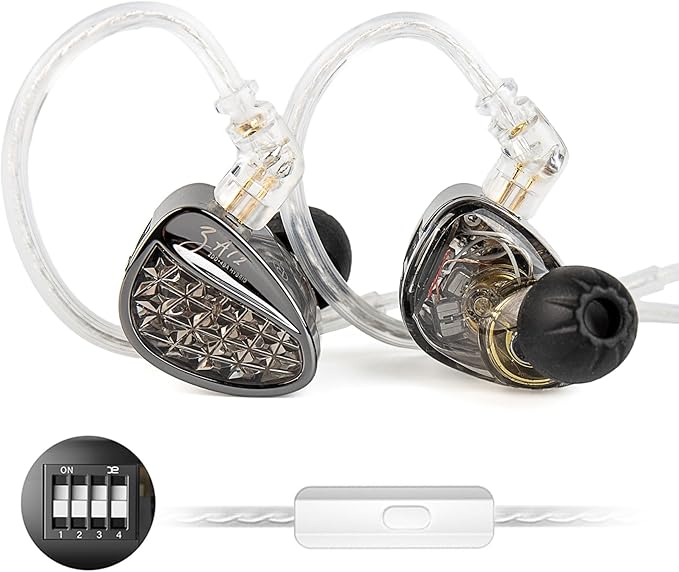 KZ ZA12 in Ear Monitor, 2DD+4BA Hybrid Wired Earbuds, KZ in Ear Monitor with 4-Level Tuning Switch Gaming Earbuds,Silver-Plated IEM Cable for Audiophile (with Microphone, Matte Black Tunable Version)