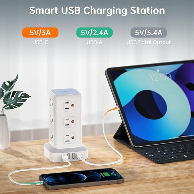 Tower Surge Protector Power Strip with USB 12 Outlets with 4 USB Ports (1 USB C), 10FT Extension Cord Multi Plug Outlet Extender Overload Protection for Home Office
