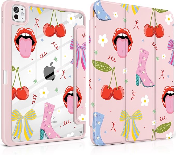 Case for iPad Pro 13 Inch (M5 2025 M4 2024) – [Built-in Pencil Holder], Shockproof & Stylish, Clear Hard Back + Soft TPU Edge, Magnetic Trifold Stand, Auto Wake/Sleep, Cherry & Lip
